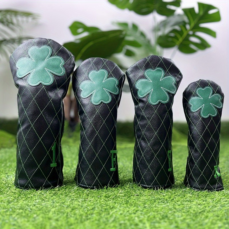Golf Driver - 1pc 3pcs ゴルフヘッドカバー、ドライバーフェアウェイハイブリッドヘッドカバー、ラッキークローバークロスパターンゴルフヘッドカバー、番号タグ付き
