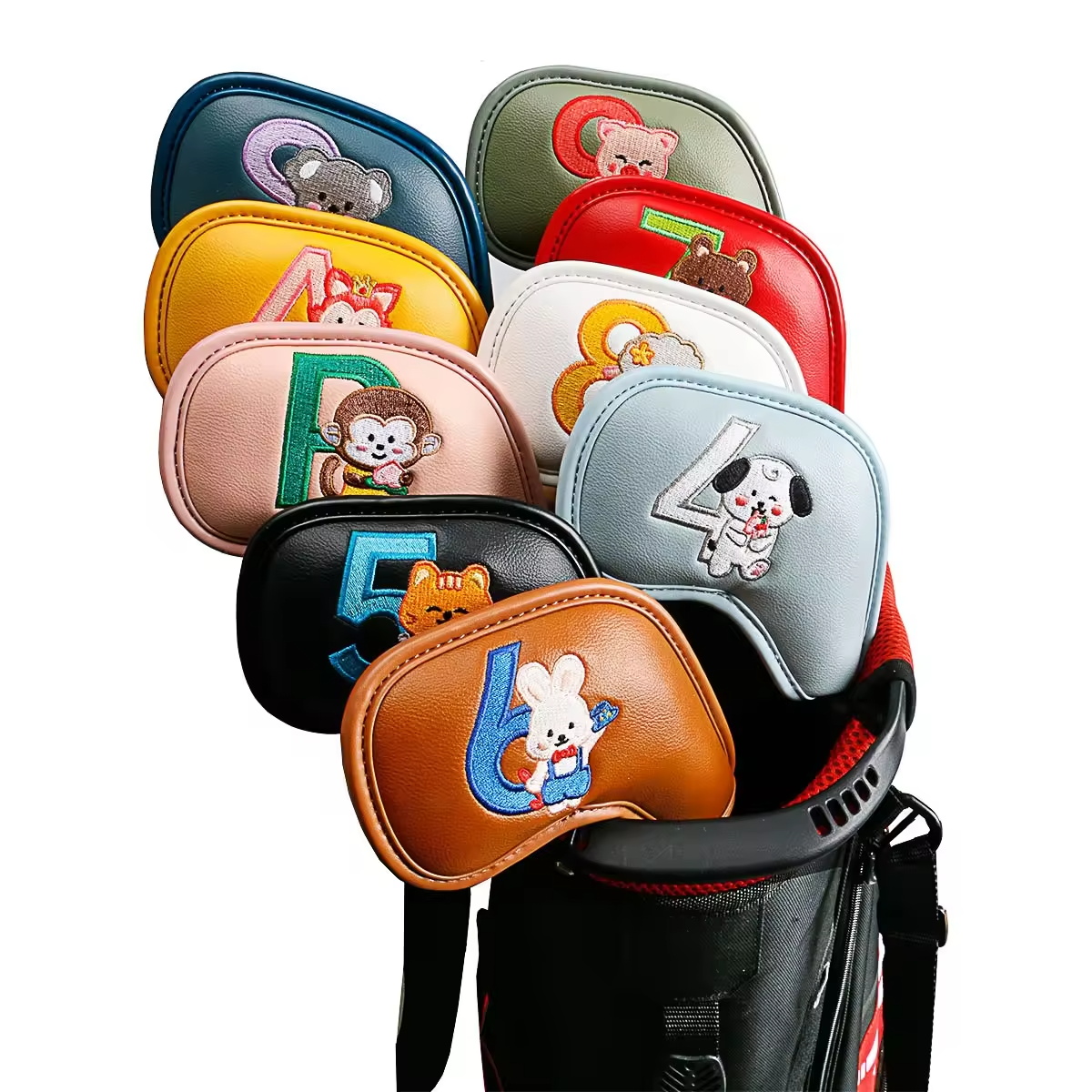 Golf Clubs - 9個入りのかわいい漫画風動物ゴルフアイアンヘッドカバー、PUレザー刺繍クラブプロテクター、男性女性ゴルファーへのゴルフアクセサリーギフト