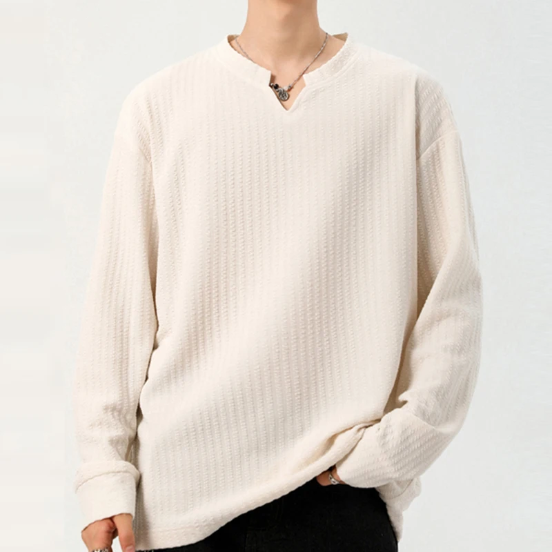 秋のメンズVネック長袖トップス、縦縞織物、リラックスカット、 - Golf Tees のレビューと価格